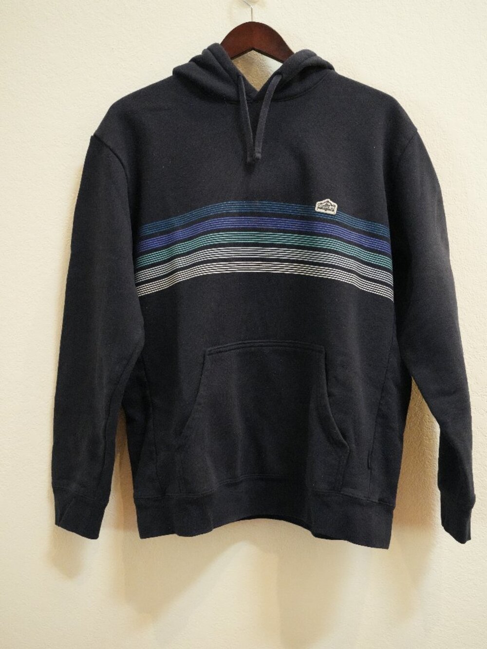 Patagonia Uprisal Hoody Line Logo Ridge Stripe Navy Blue Pullover Hoodie Men's L